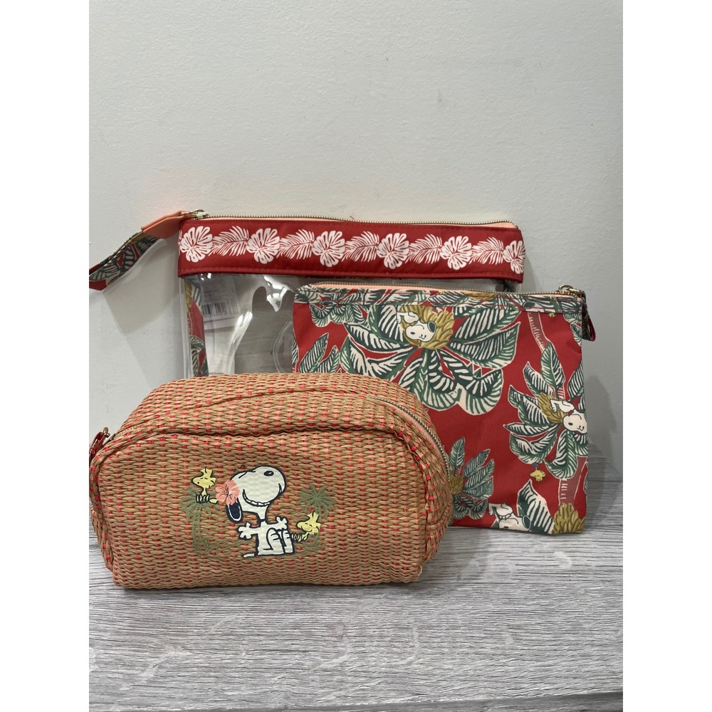 Women'secret Peanuts Snoopy 3pc Vanity Pouch Set Tropical Red Straw Clear NEW